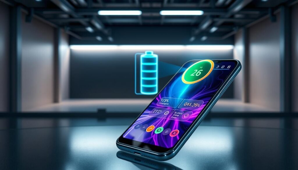 A futuristic display showcasing advanced battery technologies for 2026. In the foreground, a sleek, bezel-less smartphone with a vibrant, high-resolution OLED display. The screen depicts a dynamic visualization of battery charging, power levels, and efficiency metrics. In the middle ground, a holographic projection emanates from the device, illustrating next-generation solid-state or graphene-based battery innovations. The background features a minimalist, industrial-chic setting with clean lines and subtle lighting, highlighting the technological advancements. The overall mood is one of cutting-edge sophistication, reflecting the progress in display and battery capabilities for the smartphones of the future.