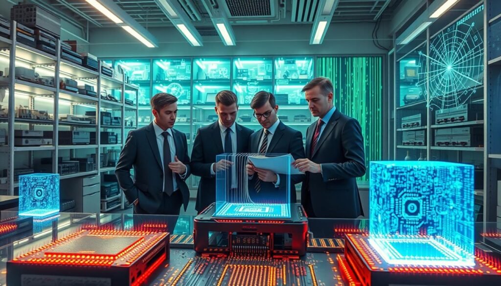 A futuristic laboratory showcasing recent breakthroughs in quantum computing, with quantum chips and complex circuits displayed prominently in the foreground. In the middle, advanced scientists in professional business attire collaborate, analyzing holographic data projections emanating from quantum computers, illuminated by soft, ethereal blue and green lighting that enhances the high-tech ambiance. The background features towering shelves filled with cutting-edge gadgets and quantum algorithms visualized as intricate digital patterns. The overall mood is one of innovation and excitement, reflecting a pivotal moment in technology, with a focus on clarity and precision. Capture the scene from a slightly elevated angle to provide depth and context, showcasing both the individuals and the impressive quantum tech at play. A futuristic laboratory showcasing recent breakthroughs in quantum computing, with quantum chips and complex circuits displayed prominently in the foreground. In the middle, advanced scientists in professional business attire collaborate, analyzing holographic data projections emanating from quantum computers, illuminated by soft, ethereal blue and green lighting that enhances the high-tech ambiance. The background features towering shelves filled with cutting-edge gadgets and quantum algorithms visualized as intricate digital patterns. The overall mood is one of innovation and excitement, reflecting a pivotal moment in technology, with a focus on clarity and precision. Capture the scene from a slightly elevated angle to provide depth and context, showcasing both the individuals and the impressive quantum tech at play.