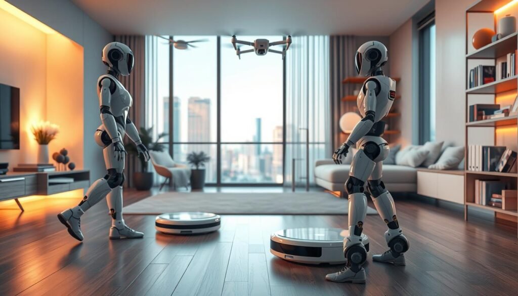 A futuristic living room filled with cutting-edge domestic robotics technology. In the foreground, a sleek humanoid assistant robot moves gracefully, its glossy white chassis reflecting the warm, ambient lighting. In the middle ground, a robotic vacuum cleaner glides silently across the floor, while a robotic arm neatly organizes shelves of books and decor. The background features a large window overlooking a cityscape, with a flying drone hovering outside, symbolizing the integration of robotics into modern home life. The scene conveys a sense of seamless automation, efficiency, and the promise of a future where domestic chores are effortlessly handled by intelligent, responsive machines.
