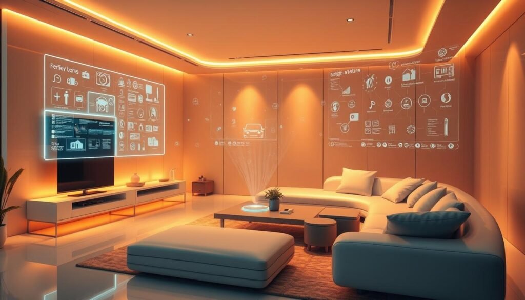 A futuristic living room with intelligent home systems seamlessly integrated into the environment. The space is bathed in warm, ambient lighting that adjusts dynamically based on the occupants' needs. Sleek, minimalist furniture and surfaces are embedded with touch-sensitive controls, allowing effortless management of lighting, temperature, entertainment, and security. In the corner, a holographic display projects customizable interfaces, enabling voice-controlled access to a vast network of interconnected devices. The scene conveys a sense of harmony and intuitive technological integration, showcasing the evolution towards truly intelligent living spaces.