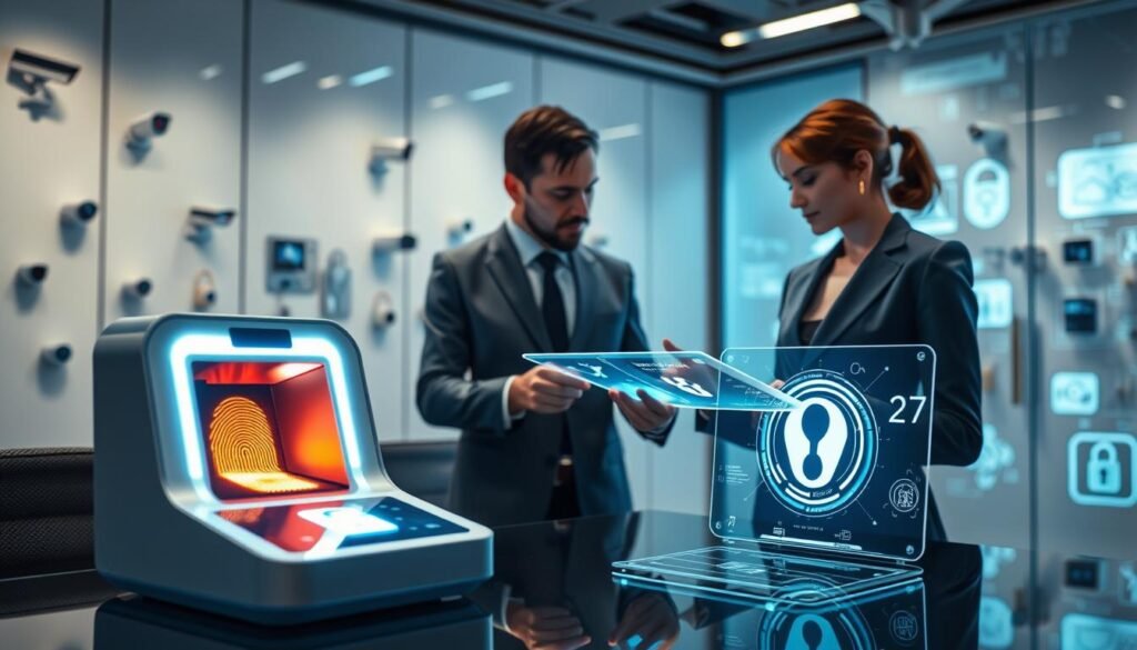 A futuristic office environment showcasing enhanced security authentication systems. In the foreground, a sleek biometric scanner with a glowing interface is prominently displayed, while a digital pad with holographic features is placed beside it. In the middle ground, a professional man and woman in business attire collaborate, analyzing security data on a transparent touchscreen display. The background features walls adorned with high-tech security cameras and digital locks, emphasizing a modern design aesthetic. Soft, ambient lighting creates a sense of sophistication and innovation, highlighting the advanced technology. The overall atmosphere conveys a blend of professionalism and cutting-edge security solutions, symbolizing the future of safety in everyday gadgets.