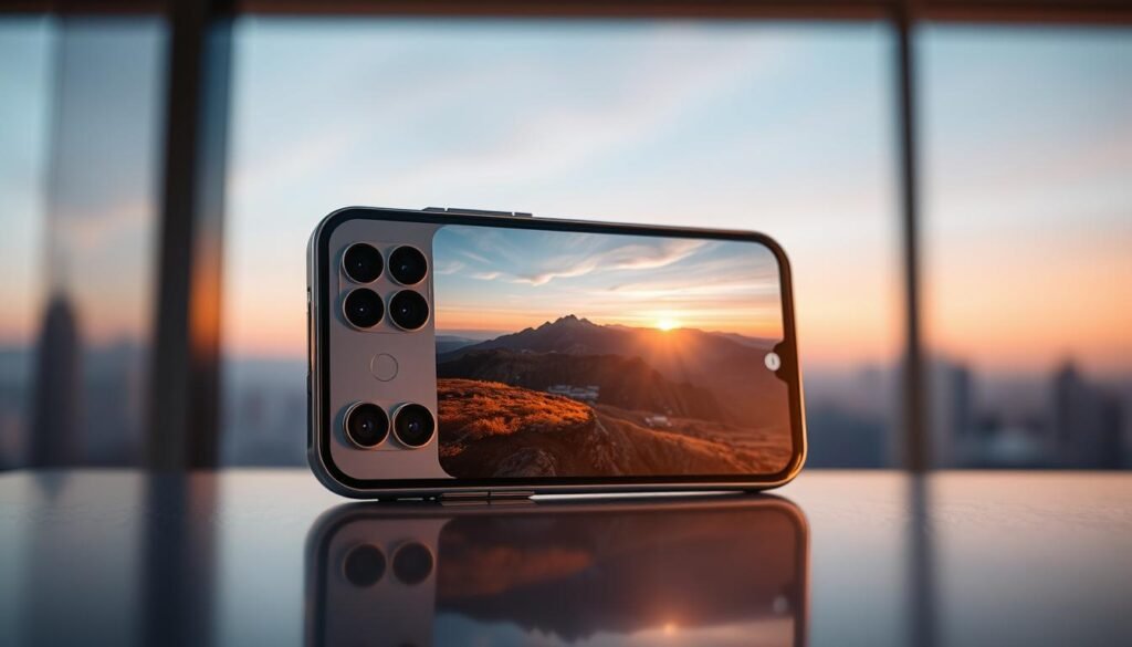 A futuristic smartphone showcasing its advanced 100x zoom camera technology, the Pixel 11, prominently displayed in the foreground. The device gleams with a sleek, modern design, featuring a distinctive camera module that highlights multiple lenses and sensors. In the middle ground, an impressive zoomed-in view of a distant landscape is visible on the smartphone's screen, capturing intricate details of a picturesque mountain range at sunset. The background features a blurred urban skyline, hinting at innovation and technology. Soft, warm lighting reflects off the device, creating an atmosphere of excitement and possibility. The angle is slightly above the phone, focusing on both the device and its breathtaking photographic capabilities, evoking a sense of wonder about its potential in 2026.