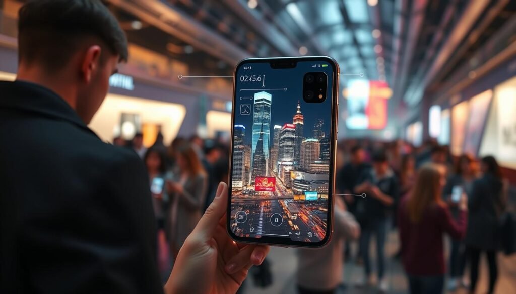 A futuristic smartphone with a sleek, bezel-less display dominates the foreground, its seamless glass surface reflecting the vibrant city skyline behind it. The device's intuitive gesture controls, advanced AI-powered camera, and holographic projection capabilities are highlighted with precision. In the background, a crowd of people interact with their next-generation smartphones, showcasing the interconnected, high-tech environment of the year 2026. Warm, ambient lighting casts a futuristic glow, while a soft depth of field blurs the peripheral details, drawing the viewer's focus to the central smartphone and its innovative features.