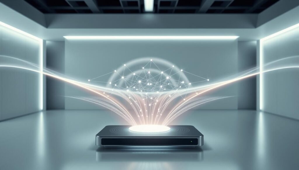 A futuristic wireless data transfer technology, hovering above a sleek, modern device. The foreground features a seamless, glowing energy field emanating from the device, radiating outward in elegant, sweeping lines. The middle ground showcases a complex web of interconnected nodes and data streams, visualizing the instant, cable-free exchange of information. In the background, a minimalist, high-tech environment with clean lines and a cool, muted color palette sets the stage for this innovative solution to the data transfer challenge. Softly diffused lighting creates an ethereal, almost magical atmosphere, hinting at the effortless simplicity of this cutting-edge technology.