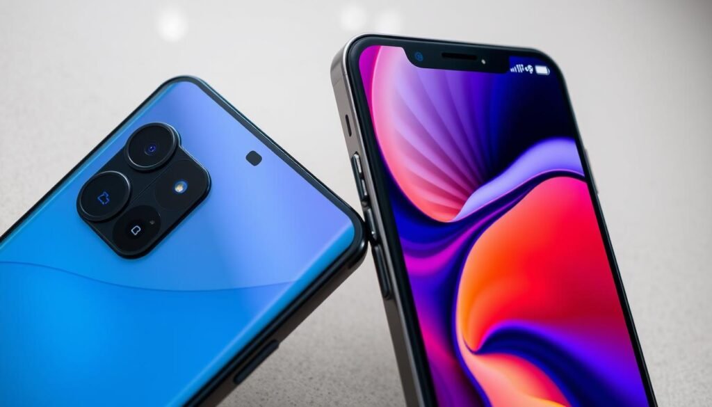 A high-angle, close-up view showcasing the sleek and vibrant displays of the Samsung Galaxy S25 and the latest iPhone 16 side by side. The S25 screen exhibits its seamless, adaptive 120Hz refresh rate, delivering buttery-smooth motion and responsiveness. In contrast, the iPhone 16 display radiates with the superior Dolby Vision HDR, producing deep blacks, vivid colors, and unparalleled visual clarity. Soft, directional lighting accentuates the premium build quality and attention to detail of both flagship devices, set against a subtly blurred, neutral background to keep the focus on the displays.