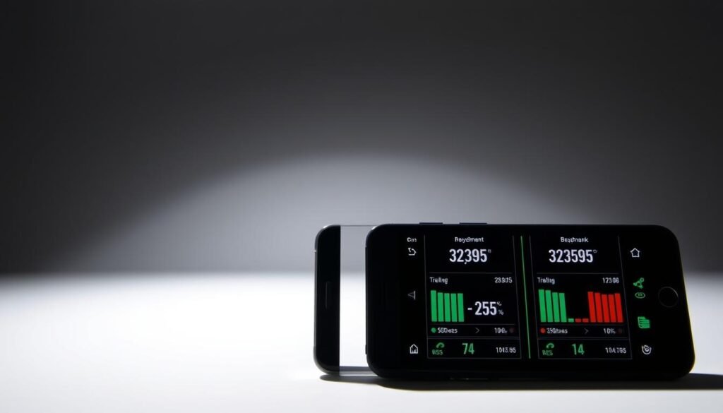 A high-performance mobile processor benchmarking comparison, captured in a visually striking manner. In the foreground, two sleek smartphone devices, their screens displaying detailed performance metrics and benchmark scores. The middle ground features a clean, minimalist backdrop, allowing the devices and data to take center stage. Dramatic lighting from above casts sharp shadows, emphasizing the technical prowess of the "Snapdragon Elite" chipset powering the devices. The overall composition conveys a sense of authority, precision, and technological superiority, befitting the subject matter.