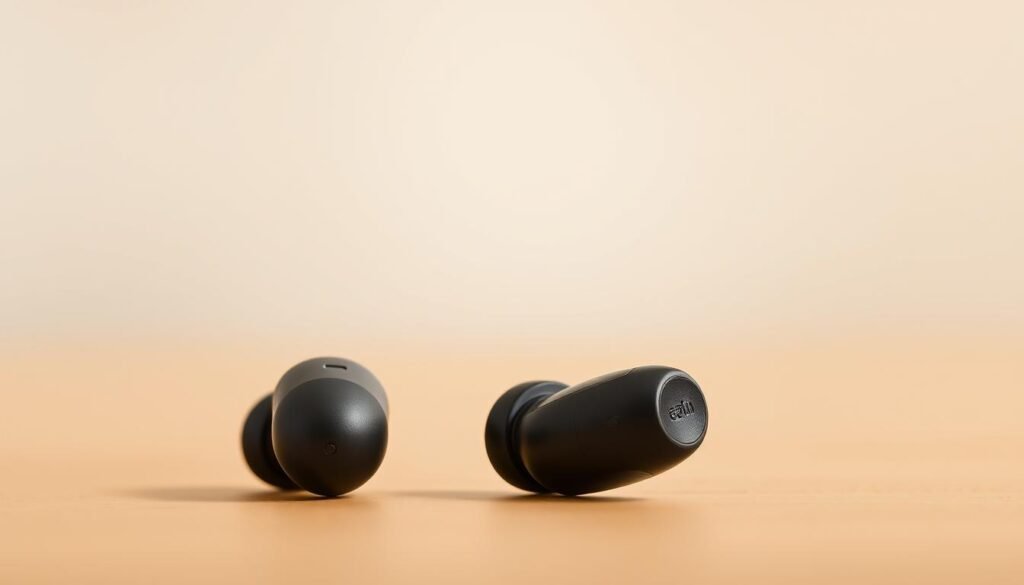 A high-quality close-up shot of the Earfun Air Pro 4 Plus wireless earbuds, meticulously detailed against a soft, blurred background. The earbuds are displayed in a visually striking manner, their sleek and modern design highlighted by precise lighting and a shallow depth of field. The image conveys a sense of premium quality and advanced engineering, reflecting the product's exceptional value proposition. Warm, natural tones create an inviting atmosphere, while strategic camera angles showcase the earbuds' key features from the most flattering perspectives.