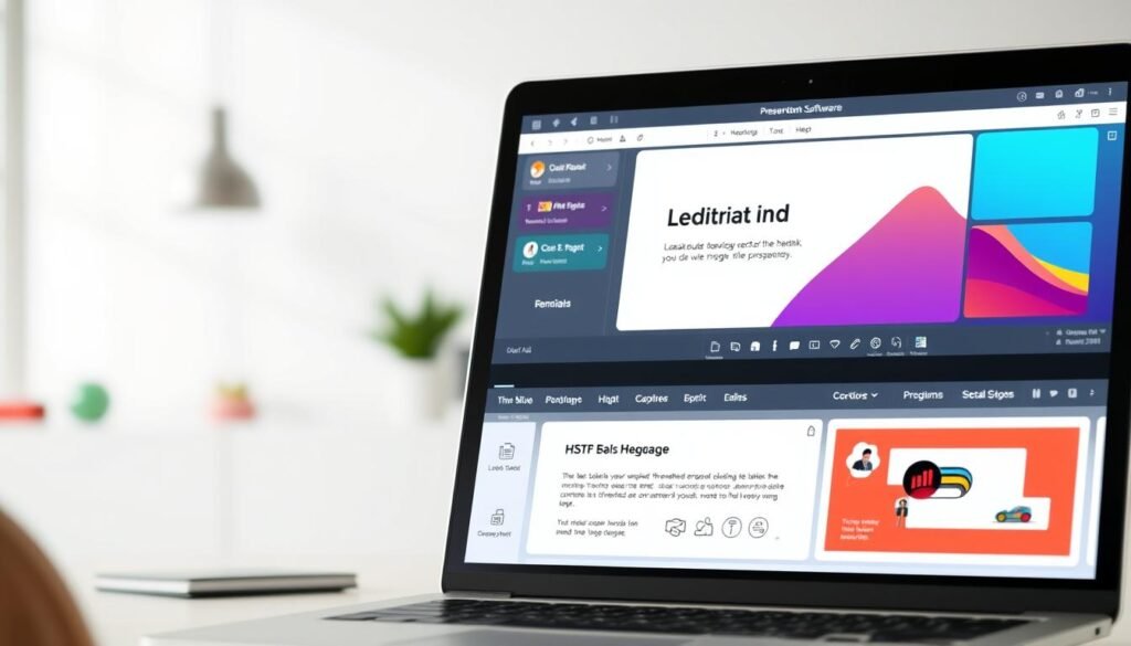 A high-quality digital presentation featuring sleek slide templates, vibrant color schemes, and intuitive user interface. The foreground showcases a laptop display with a well-designed slide layout, complete with bold headings, informative bullet points, and subtle visual aids. The middle ground highlights various presentation software controls and customization tools, conveying the versatility and functionality of the application. The background depicts a modern, minimalist workspace with a neutral color palette, allowing the presentation software features to take center stage. The overall scene is illuminated by soft, directional lighting, creating a professional and polished atmosphere suitable for academic or educational use.