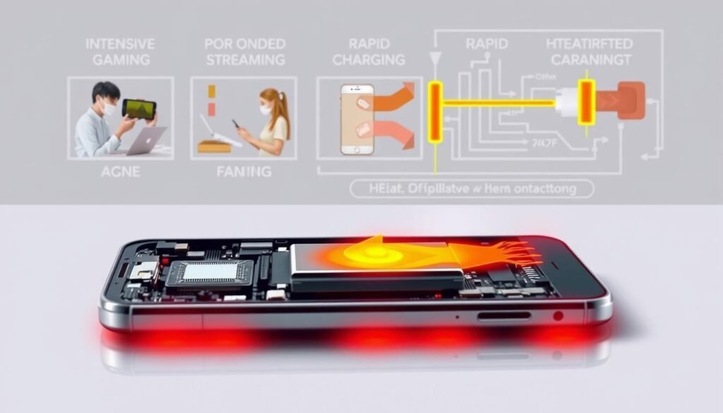 A high-quality image of common causes of phone overheating, captured through a technical illustration style. In the foreground, a disassembled smartphone reveals its internal components, with the CPU, battery, and other heat-generating parts highlighted. In the middle ground, various scenarios of phone usage are depicted, including intensive gaming, prolonged video streaming, and rapid charging. The background features a schematic diagram outlining the physics of heat dissipation and thermal management within mobile devices. The overall scene conveys a sense of technical analysis and problem-solving, with a focus on educating the viewer about the underlying factors that contribute to phone overheating.