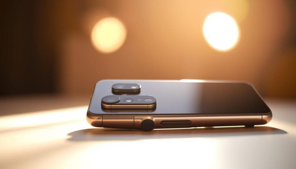 A high-quality, well-lit close-up of the Poco X7 smartphone, showcasing its sleek design and key features. The device is positioned prominently in the foreground, capturing its refined metallic body, curved edges, and vibrant display. The camera module is visible, with its multiple lenses and sensors neatly arranged. The background is blurred, allowing the smartphone to be the focal point, bathed in warm, diffused lighting that accentuates its premium finish. The overall scene conveys a sense of sophistication and attention to detail, reflecting the exceptional value proposition of the Poco X7.