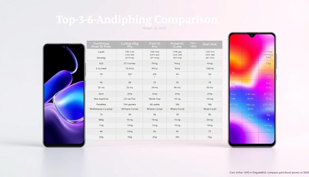A high-resolution, detailed comparison chart showcasing the latest flagship Android smartphones - the sleek S25, the cutting-edge Pixel 10 Pro, and the powerful S25 Ultra. The chart is displayed on a modern, minimalist background with a subtle gradient, allowing the technical specifications to take center stage. Clean lines, crisp typography, and carefully arranged icons and data points create a visually striking, easy-to-digest layout. Vibrant, accurate colors highlighting each device's unique design and features, captured under bright, evenly-lit studio conditions to bring out the premium, high-tech aesthetic. The overall composition conveys a sense of refined professionalism and technological sophistication, perfectly complementing the "Head-to-Head Comparison" section of the "Top 3 Android Phones of 2025" article.