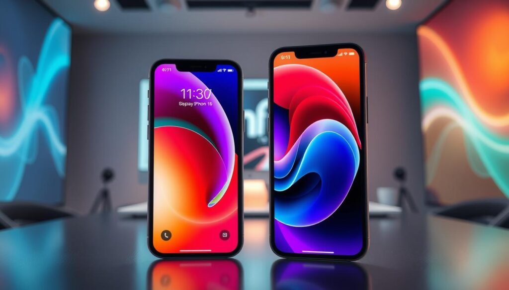A high-tech comparison image showcasing iPhone display technologies. In the foreground, two iPhones, one representing the iPhone 16 and the other the iPhone 17, each displaying vibrant images to highlight different technologies like OLED and ProMotion. The middle ground features a sleek, modern workspace with soft lighting illuminating the devices, creating a focus on their screens. In the background, abstract patterns representing advanced display technology subtly blend with a gradient of colors, suggesting innovation. The scene is shot with a macro lens at a 45-degree angle to emphasize the screens' clarity and detail, evoking a sense of excitement and modernity in the technology space.