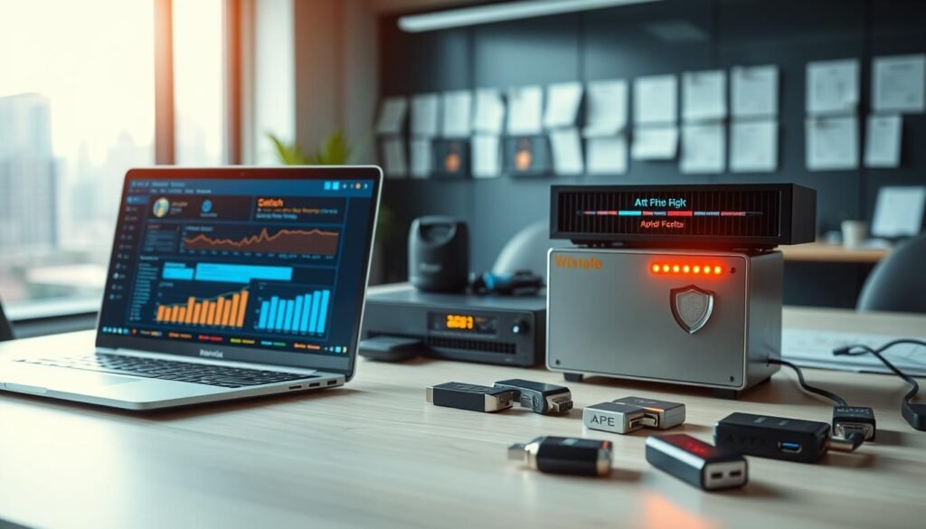 A high-tech digital workspace showcasing advanced anti-phishing protection tools. In the foreground, a sleek laptop screen displays a vivid cybersecurity dashboard with graphs and alerts, emphasizing protective measures against phishing attacks. Beside the laptop, a sophisticated hardware firewall device with glowing indicators suggests active monitoring. In the middle, an organized workspace contains various cybersecurity gadgets, including USB data blockers and secure authentication tokens, all in a modern office setting. The background features blurred elements like a wall of digital security certificates and a subtle hint of a cityscape through a large window, bathed in soft, natural light. The mood is focused and professional, highlighting the importance of cybersecurity in today's digital age. A high-tech digital workspace showcasing advanced anti-phishing protection tools. In the foreground, a sleek laptop screen displays a vivid cybersecurity dashboard with graphs and alerts, emphasizing protective measures against phishing attacks. Beside the laptop, a sophisticated hardware firewall device with glowing indicators suggests active monitoring. In the middle, an organized workspace contains various cybersecurity gadgets, including USB data blockers and secure authentication tokens, all in a modern office setting. The background features blurred elements like a wall of digital security certificates and a subtle hint of a cityscape through a large window, bathed in soft, natural light. The mood is focused and professional, highlighting the importance of cybersecurity in today's digital age.