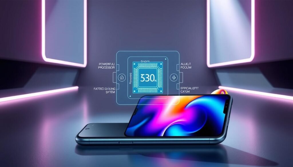 A high-tech, futuristic smartphone display showcasing the advanced performance features of the Poco X7 Pro. In the foreground, a sleek, metallic device with a vibrant, AMOLED screen displaying smooth animations and fast-paced graphics. The middle ground features a transparent, holographic-style interface highlighting the device's powerful processor, ample RAM, and efficient cooling system. The background depicts a minimalist, neon-lit environment, creating a sense of cutting-edge technology and innovation. Soft, directional lighting casts dynamic shadows, emphasizing the smartphone's premium design and impressive internals. The overall mood is one of technological sophistication and uncompromising performance.