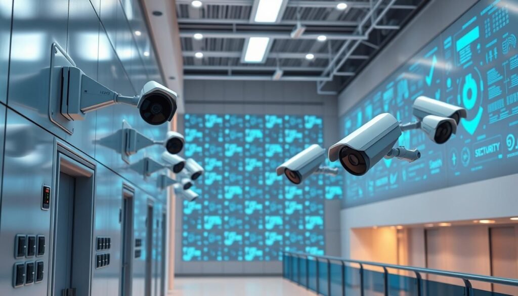 A high-tech security system with automated surveillance cameras and motion sensors seamlessly integrated into a modern architectural landscape. The foreground showcases a sleek, minimalist building facade with discrete access control panels and security scanners. The middle ground features a network of articulated robotic cameras swiveling to monitor the area, their lenses glinting under cool, directional lighting. In the background, a grid of holographic displays presents real-time data analytics and security alerts, all operating within a clean, futuristic environment bathed in a soft, blue-tinted glow.
