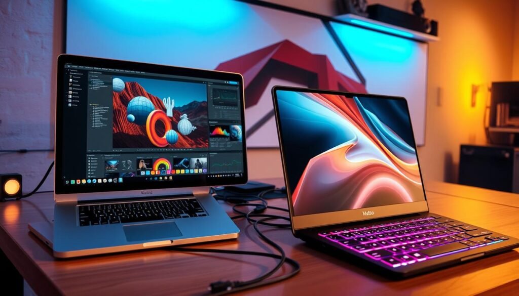 A high-tech workbench, bathed in warm studio lighting, showcases a dynamic performance comparison between a sleek MacBook and a powerful Windows laptop. The MacBook's aluminum unibody gleams while complex 3D models and video timelines dance across its Retina display. Beside it, the Windows machine's RGB-lit keyboard pulsates as it renders volumetric simulations and complex shaders in real-time. Cables snake between the devices, emphasizing the seamless integration of their creative workflows. In the background, a minimalist wall mural provides a stylish backdrop, hinting at the artistic ambitions empowered by this technological face-off. A high-tech workbench, bathed in warm studio lighting, showcases a dynamic performance comparison between a sleek MacBook and a powerful Windows laptop. The MacBook's aluminum unibody gleams while complex 3D models and video timelines dance across its Retina display. Beside it, the Windows machine's RGB-lit keyboard pulsates as it renders volumetric simulations and complex shaders in real-time. Cables snake between the devices, emphasizing the seamless integration of their creative workflows. In the background, a minimalist wall mural provides a stylish backdrop, hinting at the artistic ambitions empowered by this technological face-off.