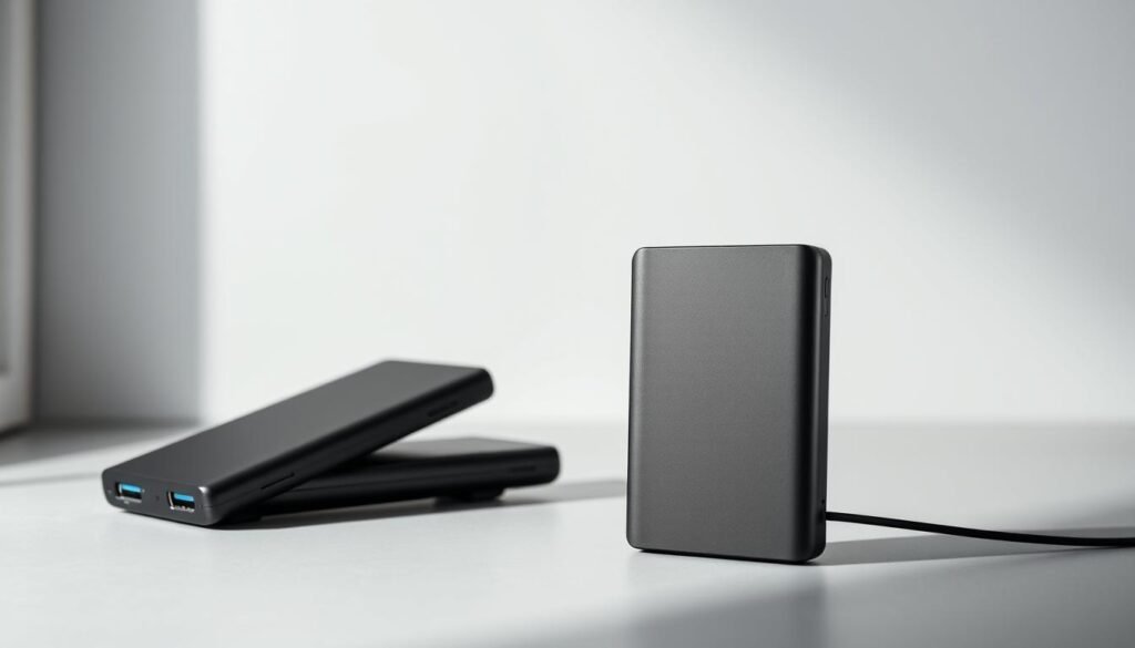 A highly detailed, close-up view of three ultra-slim, sleek graphene power banks in a modern, minimalist setting. The power banks are positioned in the foreground, showcasing their lightweight, compact design and the distinctive graphene material. The middle ground features a simple, neutral-toned background, allowing the power banks to be the focal point. Soft, directional lighting from the left side creates gentle shadows and highlights the power banks' smooth, glossy surfaces, emphasizing their premium quality. The overall mood is one of technological sophistication and high-end, futuristic appeal.