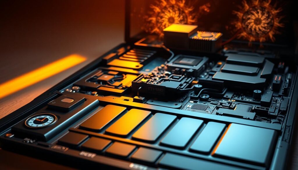A highly detailed, photorealistic illustration of a laptop's internal components, with a focus on the battery and thermal systems. The scene is lit by a warm, directional light that casts dynamic shadows, highlighting the intricate engineering and design. The foreground features the battery pack, its cells visible, with a gauge displaying the current charge level. The middle ground showcases the laptop's cooling system, including heat sinks, fans, and airflow channels. In the background, the processor and other key components are visible, their thermal output represented by shimmering heat haze. The overall composition conveys a sense of technological sophistication and the delicate balance between power and thermal management.