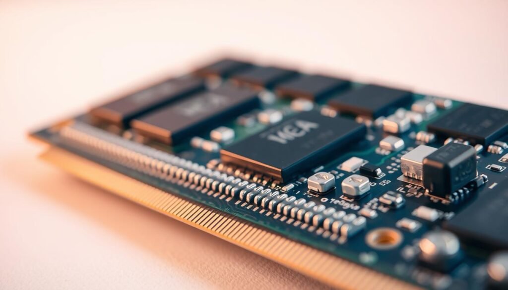 A highly detailed, realistic close-up view of a computer memory module, or RAM (random access memory) chip, captured from a slightly elevated perspective using a high-quality macro lens. The RAM chip is presented in a clean, well-lit studio setting, with soft, directional lighting that accentuates the intricate surface details, electronic components, and metallic connectors. The image should convey a sense of technical sophistication and precision engineering, showcasing the essential role of RAM in modern computing devices.