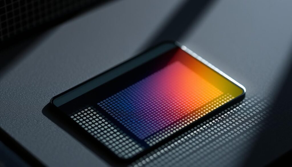A highly detailed, technically-accurate close-up view of a smartphone's image sensor and color filter array, showcasing the intricate grid-like pattern and microscopic pixels. The sensor is illuminated from the side, casting crisp shadows that accentuate the sensor's surface topology and microlens structure. The color filter array exhibits precise, vibrant hues that demonstrate the sensor's exceptional color accuracy and fidelity. The entire composition is rendered in a clean, industrial style with muted tones, emphasizing the technical nature of the subject matter.