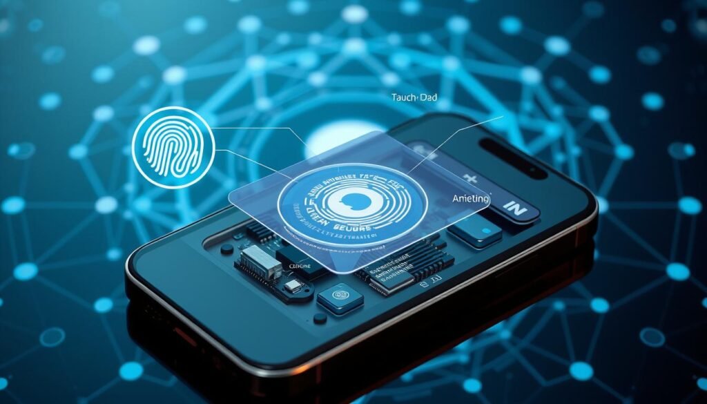A highly secure iPhone device with a magnified view of its internal security architecture. The foreground showcases advanced biometric authentication, including Face ID and Touch ID sensors, with a circular glowing effect. The middle ground depicts encrypted data transmission channels, firewall protocols, and tamper-resistant hardware components. The background features a abstract geometric pattern representing the layered security algorithms and cryptographic algorithms protecting the device. The overall scene conveys a sense of strength, sophistication, and unwavering protection for the user's sensitive information. A highly secure iPhone device with a magnified view of its internal security architecture. The foreground showcases advanced biometric authentication, including Face ID and Touch ID sensors, with a circular glowing effect. The middle ground depicts encrypted data transmission channels, firewall protocols, and tamper-resistant hardware components. The background features a abstract geometric pattern representing the layered security algorithms and cryptographic algorithms protecting the device. The overall scene conveys a sense of strength, sophistication, and unwavering protection for the user's sensitive information.