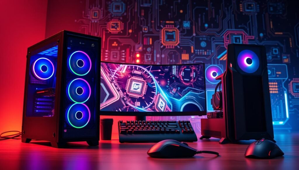 A meticulously crafted digital collage depicting the current trends in computer hardware. In the foreground, a sleek and powerful gaming PC tower with intricate RGB lighting and state-of-the-art components, such as a cutting-edge GPU and a liquid-cooled CPU. In the middle ground, an assortment of the latest peripherals, including a high-resolution, curved gaming monitor, a wireless mechanical keyboard, and a precision gaming mouse. In the background, a vibrant array of futuristic circuit boards, microchips, and data visualization elements, conveying the rapid advancements in processing power, storage capacity, and connectivity. The scene is illuminated by a warm, soft lighting that casts a subtle glow, creating an atmosphere of technological sophistication and innovation.