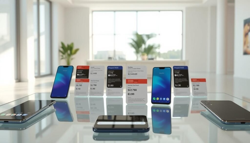A meticulously rendered scene showcasing the latest Android phone pricing deals. In the foreground, a collection of sleek, high-end Android smartphones are displayed on a minimalist glass table, their screens illuminated by soft, diffused lighting. The middle ground features an array of product information cards with pricing details, technical specifications, and promotional offers. In the background, a clean, modern interior with large windows allows natural light to bathe the scene, creating a sense of sophistication and attention to detail. The overall mood is one of streamlined elegance, inviting the viewer to explore the compelling pricing and value propositions of these cutting-edge Android devices.