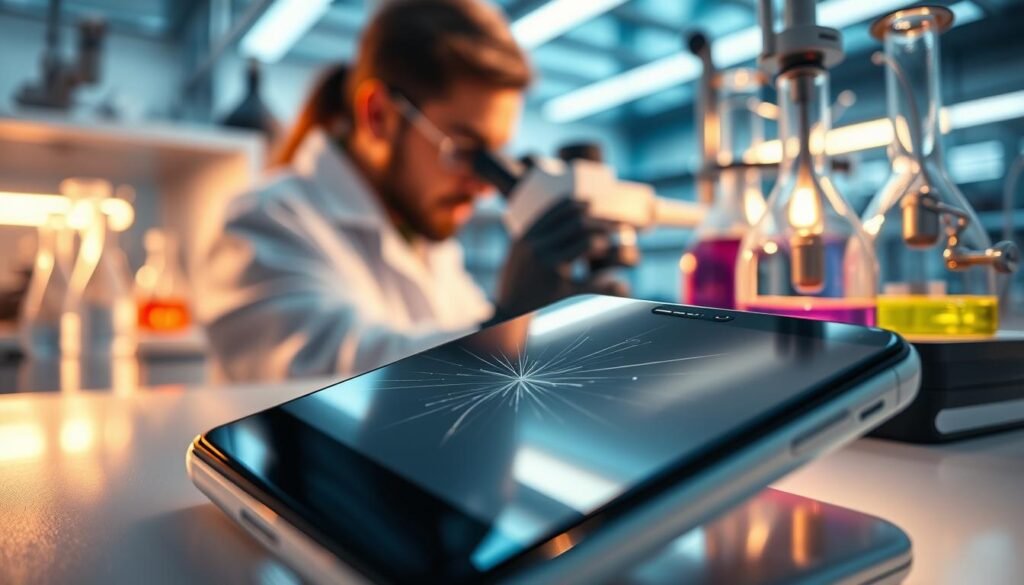 A modern laboratory setting showcasing self-healing material science. In the foreground, a sleek cutting-edge smartphone with a visible scratch on its surface begins to heal, showcasing a glossy, fluid-like surface that illustrates the self-healing process. The middle ground features a scientist in a lab coat observing the phenomenon through a microscope, emphasizing a sense of discovery and innovation. The background displays high-tech laboratory equipment, including beakers with color-changing liquids and metallic components, under bright, sterile lighting that creates a dynamic atmosphere of scientific progress. The overall mood is one of excitement and curiosity, inviting viewers to explore the marvels of material science. A shallow depth of field focuses attention on the smartphone while subtly blurring the lab’s intricate details. A modern laboratory setting showcasing self-healing material science. In the foreground, a sleek cutting-edge smartphone with a visible scratch on its surface begins to heal, showcasing a glossy, fluid-like surface that illustrates the self-healing process. The middle ground features a scientist in a lab coat observing the phenomenon through a microscope, emphasizing a sense of discovery and innovation. The background displays high-tech laboratory equipment, including beakers with color-changing liquids and metallic components, under bright, sterile lighting that creates a dynamic atmosphere of scientific progress. The overall mood is one of excitement and curiosity, inviting viewers to explore the marvels of material science. A shallow depth of field focuses attention on the smartphone while subtly blurring the lab’s intricate details.