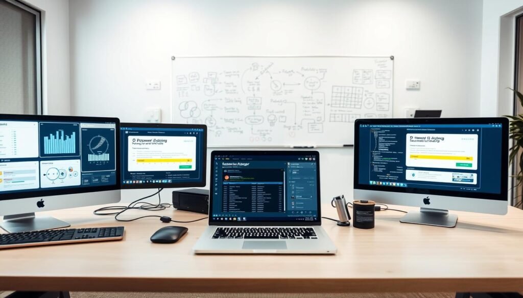 A modern office space featuring a sleek desk equipped with various password auditing tools. In the foreground, there are advanced software interfaces displayed on multiple computer screens showing complex graphs and statistics related to password strength. The middle ground features a laptop open with a graphical password manager application visible. In the background, a whiteboard is cluttered with notes and diagrams about cybersecurity, hinting at brainstorming sessions. Soft, focused lighting casts a professional glow on the scene, and the entire atmosphere conveys a sense of high-tech innovation and diligence in cybersecurity practices. Shot with a slight wide-angle perspective to capture the workspace ambiance, ensuring that the composition feels organized yet dynamic. A modern office space featuring a sleek desk equipped with various password auditing tools. In the foreground, there are advanced software interfaces displayed on multiple computer screens showing complex graphs and statistics related to password strength. The middle ground features a laptop open with a graphical password manager application visible. In the background, a whiteboard is cluttered with notes and diagrams about cybersecurity, hinting at brainstorming sessions. Soft, focused lighting casts a professional glow on the scene, and the entire atmosphere conveys a sense of high-tech innovation and diligence in cybersecurity practices. Shot with a slight wide-angle perspective to capture the workspace ambiance, ensuring that the composition feels organized yet dynamic.