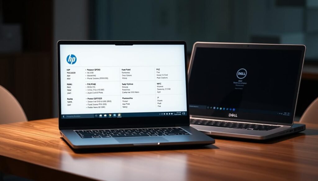 A modern, sleek laptop on a wooden desk, displaying an open screen showcasing technical specifications in a minimalist infographic style. The left side features an HP laptop with its specifications listed, including processor speed, RAM, storage options, and graphics details. The right side features a Dell laptop with similar specifications, highlighting its unique features. Soft, focused lighting creates a professional ambiance, casting gentle shadows on the desk. The background is softly blurred to maintain focus on the laptops, suggesting a contemporary office environment. Shot from a slightly elevated angle to provide a clear view of both laptops, invoking a mood of analysis and comparison. No text or watermarks present. A modern, sleek laptop on a wooden desk, displaying an open screen showcasing technical specifications in a minimalist infographic style. The left side features an HP laptop with its specifications listed, including processor speed, RAM, storage options, and graphics details. The right side features a Dell laptop with similar specifications, highlighting its unique features. Soft, focused lighting creates a professional ambiance, casting gentle shadows on the desk. The background is softly blurred to maintain focus on the laptops, suggesting a contemporary office environment. Shot from a slightly elevated angle to provide a clear view of both laptops, invoking a mood of analysis and comparison. No text or watermarks present.