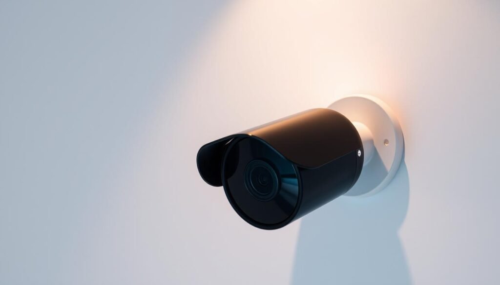 A modern, sleek security camera with a minimalist design, mounted on a white wall. The camera has a glossy, black exterior and a small LED indicator light. The lens is clear and sharp, capturing a wide field of view. Soft, ambient lighting illuminates the scene, creating a sense of warmth and safety. The camera is positioned at an angle to provide optimal coverage, conveying a sense of advanced, intelligent surveillance technology. The background is a plain, neutral-toned wall, allowing the camera to be the focal point of the image.