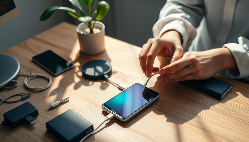 A modern smartphone being charged on a stylish wooden desk, surrounded by organized charging accessories such as a wireless charger, cable, and power bank. In the foreground, a pair of hands, dressed in smart casual clothing, connect the smartphone to the charger with care, illustrating mindful charging habits. In the middle ground, a soft, natural light filters through a nearby window, casting gentle shadows that create a warm and inviting atmosphere. In the background, a minimalistic plant adds a touch of greenery, promoting a sense of balance and wellness. The image captures the essence of smart charging practices while emphasizing a calm and focused mood, ideal for an article about extending smartphone battery life.
