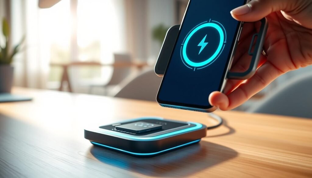 A modern smartphone with sleek design, prominently displaying a rapid charging icon on its screen, sits on a stylish charging pad that emits a soft blue glow. In the foreground, a hand gently holds the phone, showcasing the user-friendly interface. The middle ground features a high-tech charging station with visible circuitry and LED lights, suggesting advanced technology at work. The background includes a futuristic home office setting with minimalistic decor, softly illuminated by natural light streaming through a window. The atmosphere is dynamic and innovative, capturing the essence of a charging revolution. The image conveys a sense of convenience and efficiency, emphasizing the speed of modern charging technology.