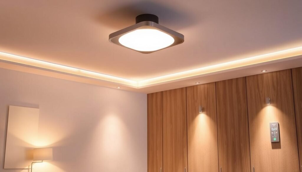 A modern, stylish smart lighting system takes center stage in a meticulously designed room. Soft, warm illumination emanates from a sleek, minimalist ceiling fixture, casting a cozy glow across the space. Ambient lighting panels on the walls create a serene, atmospheric ambiance, while discrete task lights provide focused illumination on a wooden desk. A smart lighting control panel on the wall allows for precise adjustments of brightness, color temperature, and preset lighting scenes to suit any mood or activity. The room's overall aesthetic is clean, sophisticated, and thoughtfully integrated with cutting-edge smart home technology for maximum comfort and efficiency.