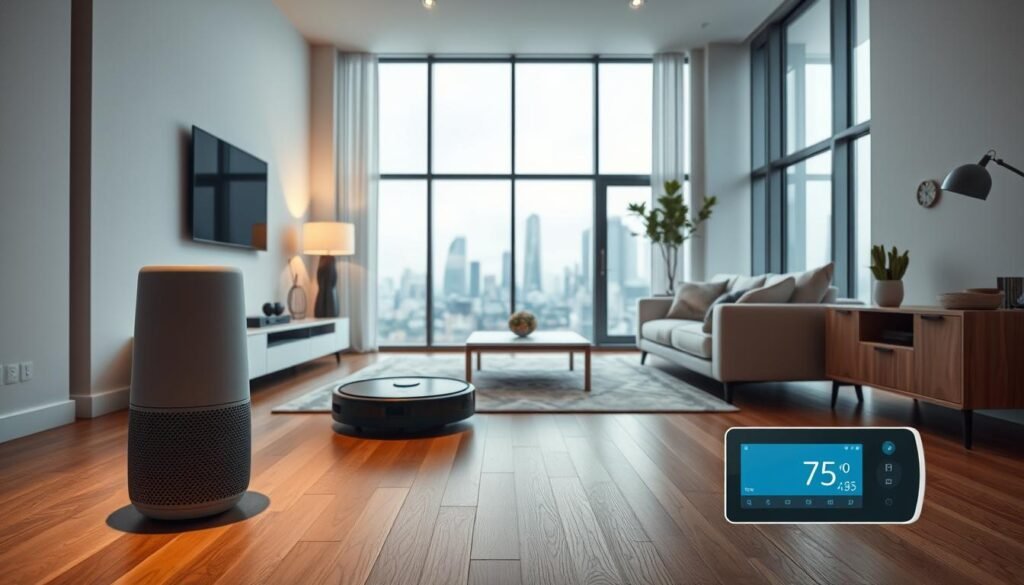 A modern, well-lit living room with minimalist furniture and smart home devices seamlessly integrated throughout. The foreground showcases a sleek voice-controlled assistant, smart lighting, and a touchscreen digital display. The middle ground features a robotic vacuum cleaner silently navigating the hardwood floors, and a smart thermostat adjusting the room temperature. The background depicts large windows overlooking an urban skyline, creating a sense of connectivity and technological sophistication. The overall atmosphere is one of effortless convenience and cutting-edge home automation. A modern, well-lit living room with minimalist furniture and smart home devices seamlessly integrated throughout. The foreground showcases a sleek voice-controlled assistant, smart lighting, and a touchscreen digital display. The middle ground features a robotic vacuum cleaner silently navigating the hardwood floors, and a smart thermostat adjusting the room temperature. The background depicts large windows overlooking an urban skyline, creating a sense of connectivity and technological sophistication. The overall atmosphere is one of effortless convenience and cutting-edge home automation.