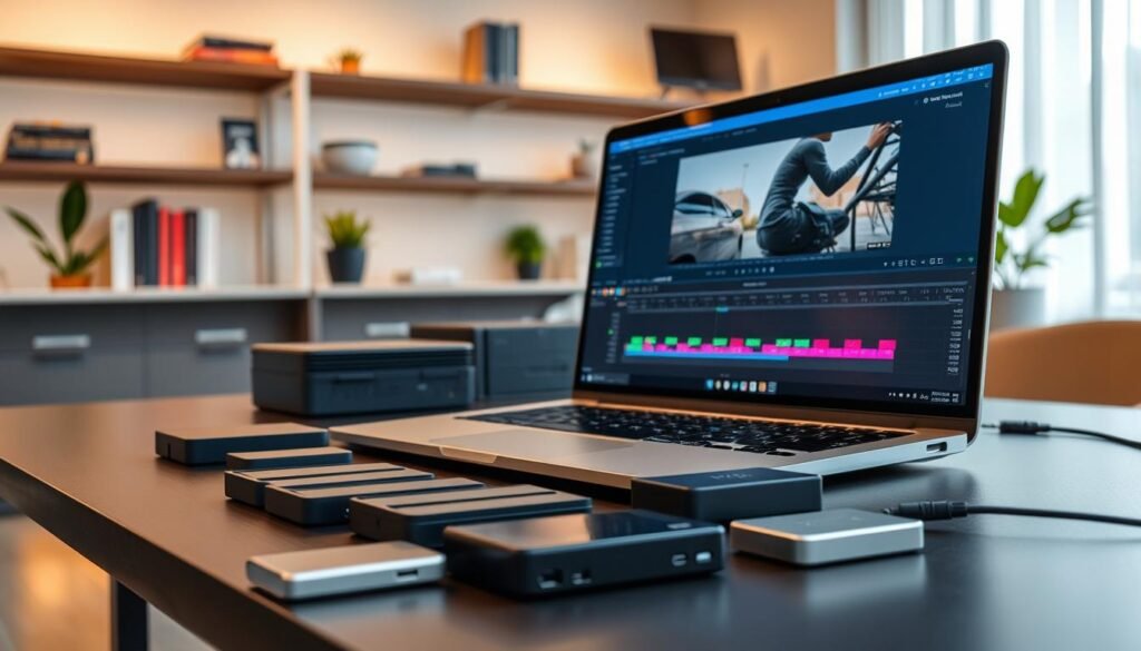 A modern workspace showcasing a sleek laptop ideal for video editing, positioned on a stylish desk. In the foreground, the laptop screen displays a timeline of a video editing software, with clear indicators of memory usage and storage capacity, symbolizing the importance of these features. In the middle ground, an array of external hard drives and SSDs are neatly organized, representing various storage options used by video editors. The background features a well-lit room with soft ambient lighting, emphasizing a professional yet creative atmosphere, with shelves displaying video production books and a vibrant potted plant. The scene captures a sense of focus and innovation, highlighting the essential memory and storage considerations for video editors. A modern workspace showcasing a sleek laptop ideal for video editing, positioned on a stylish desk. In the foreground, the laptop screen displays a timeline of a video editing software, with clear indicators of memory usage and storage capacity, symbolizing the importance of these features. In the middle ground, an array of external hard drives and SSDs are neatly organized, representing various storage options used by video editors. The background features a well-lit room with soft ambient lighting, emphasizing a professional yet creative atmosphere, with shelves displaying video production books and a vibrant potted plant. The scene captures a sense of focus and innovation, highlighting the essential memory and storage considerations for video editors.