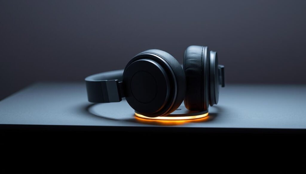 A pair of premium, over-ear audio headphones rests on a sleek, minimalist surface. The headphones feature a matte black finish with subtle silver accents, exuding a sense of sophistication. The headband is plush and padded, ensuring long-wearing comfort. The large, circular ear cups are meticulously crafted, with a soft, memory-foam interior that seamlessly seals around the listener's ears. Precise, studio-grade sound drivers deliver a rich, immersive audio experience, perfect for audiophiles and music enthusiasts. Subtle ambient lighting emanates from the base, casting a warm, inviting glow. The overall composition conveys a sense of high-end craftsmanship and attention to detail, making these headphones a truly premium gift for the discerning listener. A pair of premium, over-ear audio headphones rests on a sleek, minimalist surface. The headphones feature a matte black finish with subtle silver accents, exuding a sense of sophistication. The headband is plush and padded, ensuring long-wearing comfort. The large, circular ear cups are meticulously crafted, with a soft, memory-foam interior that seamlessly seals around the listener's ears. Precise, studio-grade sound drivers deliver a rich, immersive audio experience, perfect for audiophiles and music enthusiasts. Subtle ambient lighting emanates from the base, casting a warm, inviting glow. The overall composition conveys a sense of high-end craftsmanship and attention to detail, making these headphones a truly premium gift for the discerning listener.
