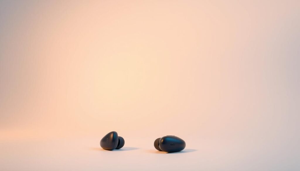 A pair of wireless earbuds in a clean, well-lit studio setting. The earbuds are prominently displayed in the center of the frame, their sleek and modern design accentuated by warm, diffused lighting from multiple angles. The background is a simple, neutral backdrop, allowing the earbuds to be the main focus. The image conveys a sense of quality and sophistication, showcasing the earbuds as a premium, value-driven product for Nigerian buyers.