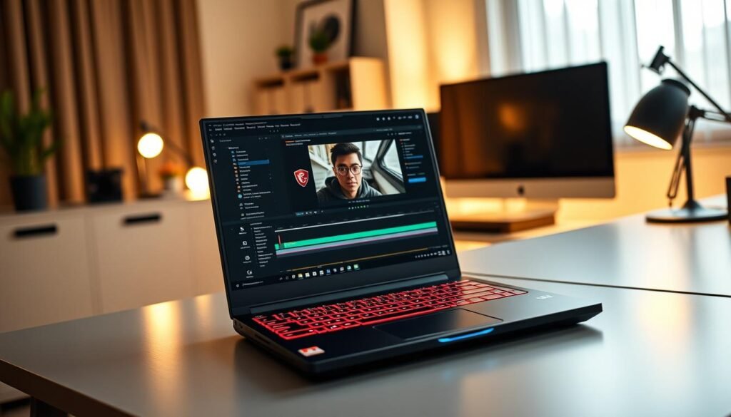 A powerful MSI Titan 18 HX desktop replacement laptop positioned prominently on a modern workstation desk. The laptop, showcasing its sleek gaming design, vibrant RGB keyboard, and high-resolution screen displaying video editing software, is highlighted in the foreground. Behind it, a stylish and minimalistic home office environment with soft lighting and a focused ambiance. The lighting is warm and inviting, with a slight glow from desk lamps reflecting on the laptop's surface. The angle captures the laptop at a slight tilt to emphasize its robust hardware features and performance. The overall mood is professional yet creative, conveying a sense of innovation and maximum performance ideal for video editing needs. A powerful MSI Titan 18 HX desktop replacement laptop positioned prominently on a modern workstation desk. The laptop, showcasing its sleek gaming design, vibrant RGB keyboard, and high-resolution screen displaying video editing software, is highlighted in the foreground. Behind it, a stylish and minimalistic home office environment with soft lighting and a focused ambiance. The lighting is warm and inviting, with a slight glow from desk lamps reflecting on the laptop's surface. The angle captures the laptop at a slight tilt to emphasize its robust hardware features and performance. The overall mood is professional yet creative, conveying a sense of innovation and maximum performance ideal for video editing needs.