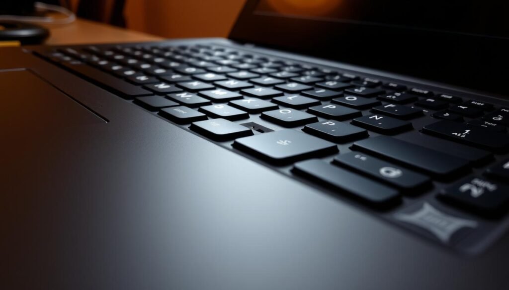 A precision-engineered Lenovo ThinkPad keyboard, its keys meticulously crafted for enduring performance. Backlit for clarity, the durable surface texture offers a tactile typing experience. Viewed from an elevated angle, the keyboard's rugged construction is on full display, conveying a sense of reliability and longevity. The lighting casts a warm, professional glow, highlighting the keyboard's robust build quality and attention to detail. This is a workhorse keyboard, designed to withstand the rigors of daily productivity, capturing the essence of the Lenovo ThinkPad's renowned durability.