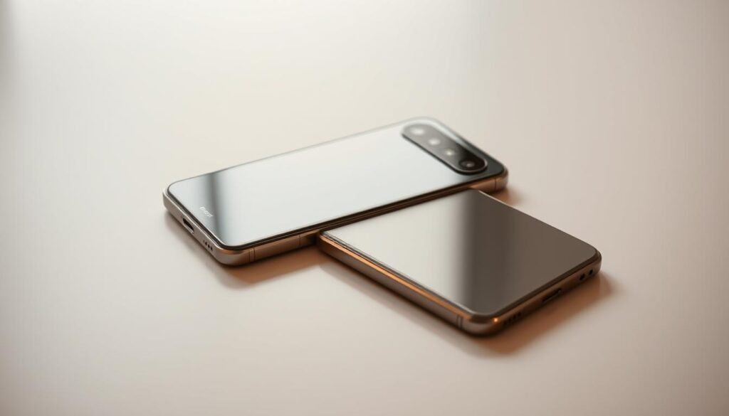 A premium mid-range smartphone resting on a sleek, minimalist surface, its glossy display reflecting the soft, warm lighting of the scene. The device's aluminum unibody frame gleams subtly, accentuating its refined, yet accessible design. The camera module on the back is flush with the body, hinting at its powerful imaging capabilities. The overall aesthetic strikes a balance between sophistication and everyday practicality, capturing the essence of a high-value, feature-rich smartphone.