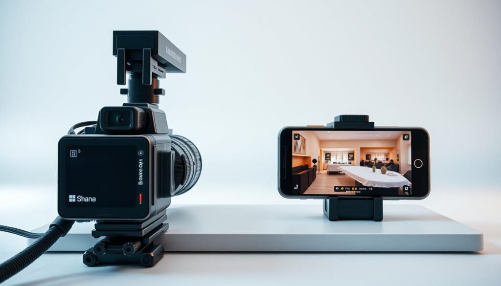 A professional-grade digital camera rig capturing two high-end smartphone models in a comparative side-by-side layout. The foreground showcases the smartphones' rear camera modules, meticulously detailed with their lens configurations and sensor specs. The middle ground features the smartphones propped up on a sleek, minimalist surface, their screens displaying sample photos and videos side by side. The background is a clean, neutral studio setting with soft, even lighting to highlight the devices' camera capabilities. The overall mood is one of technical precision and visual clarity, emphasizing the nuanced differences in photo and video quality between the two smartphone models.