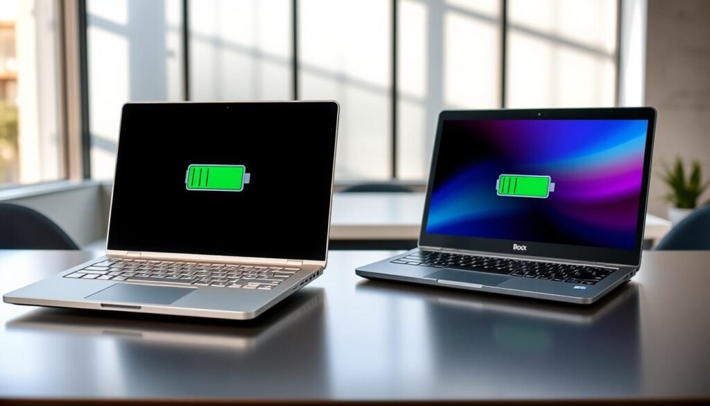 A side-by-side comparison of a Chromebook and a traditional laptop, both placed on a sleek, modern desk. The foreground features the two devices open and illuminated, showcasing their screens displaying a battery life indicator. The Chromebook is lightweight and slim, with a vibrant, thin bezel, in a stylish silver finish. The traditional laptop is more robust, with a matte black surface and a larger screen. In the background, create a soft office setting with a large window letting in natural light, casting gentle shadows over the desk. Use a shallow depth of field with a soft focus on the background, giving it an inviting and professional atmosphere, emphasizing the theme of battery life and portability.