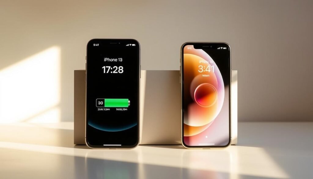 A side-by-side comparison of iPhone 13 and iPhone 14 batteries, showcased in a meticulously crafted image. The foreground depicts the two iPhones, their screens displaying battery percentages and runtimes, illuminated by a warm, natural light. The middle ground features a sleek, minimalist table surface, while the background subtly fades into a soft, gradient-based environment, creating a sense of depth and focus on the devices. The lighting is carefully calibrated to highlight the intricate details of the iPhones, emphasizing their design and the comparison of their battery performance. The overall mood is one of clean, precise, and informative presentation, suitable for the "Battery Life and Charging: A Mixed Bag" section of the article.