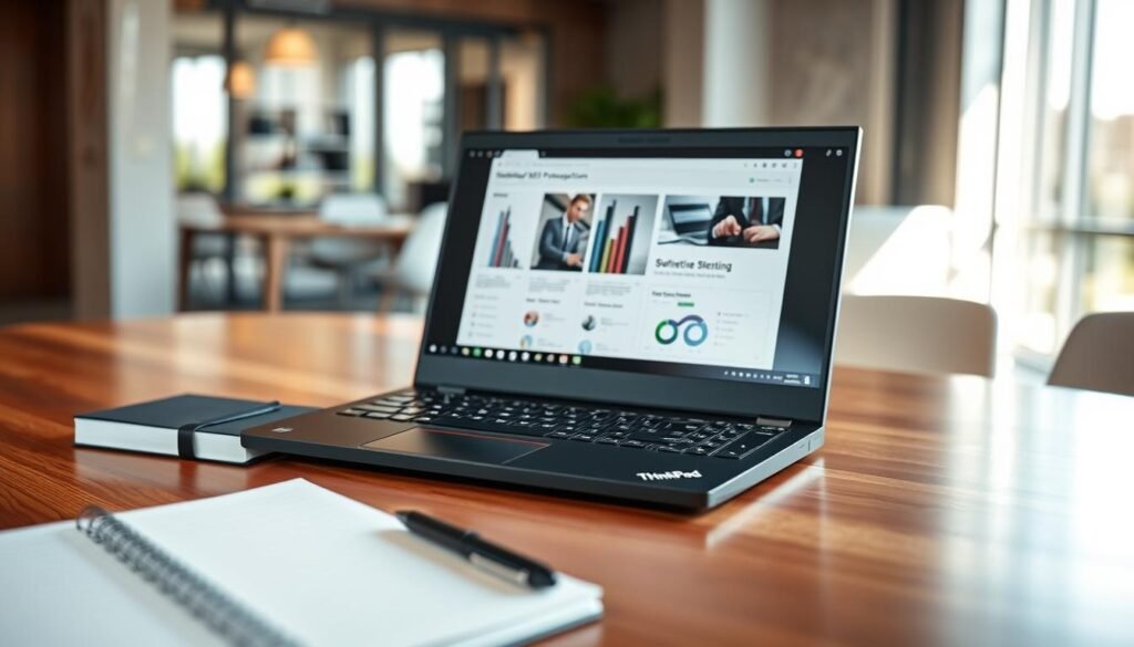 A sleek Lenovo ThinkPad X1 Carbon laptop positioned on a polished wooden desk, showcasing its thin, lightweight design. The laptop is open, displaying a vibrant, high-resolution screen filled with a graphically rich business presentation. In the foreground, soft-focus elements such as a closed notebook and a stylish pen add to the professional setting. The middle ground features the laptop in sharp focus, highlighting its elegant, matte black finish and iconic keyboard. The background captures a contemporary office environment with blurred office furniture and a large window, allowing natural light to cascade across the scene, creating a warm and inviting atmosphere. The photo is taken with a gentle lens perspective to emphasize the laptop's form factor, evoking a sense of innovation and productivity. A sleek Lenovo ThinkPad X1 Carbon laptop positioned on a polished wooden desk, showcasing its thin, lightweight design. The laptop is open, displaying a vibrant, high-resolution screen filled with a graphically rich business presentation. In the foreground, soft-focus elements such as a closed notebook and a stylish pen add to the professional setting. The middle ground features the laptop in sharp focus, highlighting its elegant, matte black finish and iconic keyboard. The background captures a contemporary office environment with blurred office furniture and a large window, allowing natural light to cascade across the scene, creating a warm and inviting atmosphere. The photo is taken with a gentle lens perspective to emphasize the laptop's form factor, evoking a sense of innovation and productivity.