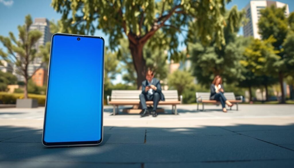 A sleek Samsung Galaxy S25 Ultra is prominently displayed in the foreground, showcasing its vibrant screen with exceptional outdoor visibility under bright sunlight. The screen should reflect vivid colors and sharp contrasts, emphasizing the clarity and detail visible even in direct sunlight. In the middle ground, a sophisticated setup in a modern urban park features trees and contemporary benches where individuals, dressed in professional business attire, are engaged with their devices, highlighting the user experience in an outdoor setting. The background includes a clear blue sky, hinting at a sunny day, with distant city buildings softly blurred. Use natural lighting to create a lively yet focused atmosphere that emphasizes the advanced display technology. The angle should be slightly low, providing a dramatic view of the device and its surroundings, capturing both the product and environment effectively.