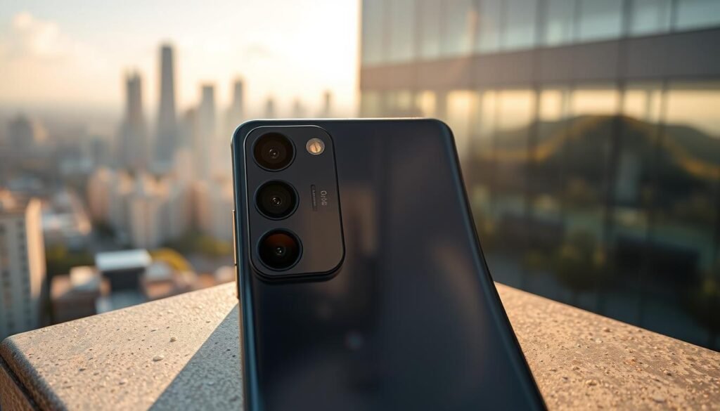 A sleek and futuristic Samsung Galaxy S25, prominently featuring its advanced camera innovations, occupies the foreground. The camera module is showcased with intricate details, highlighting its lens configuration, precision sensors, and unique features such as periscope zoom capabilities and AI-enhanced image stabilization. In the middle ground, a blurred city skyline suggests versatility in urban photography, while a soft focus on a natural landscape hints at the phone's prowess in capturing varying environments. The background is bathed in natural sunlight, creating a warm, inviting atmosphere, while reflections glimmer subtly on the device's surface. Capture the mood of modern innovation and aspiration, emphasizing the possibilities for photography enthusiasts.