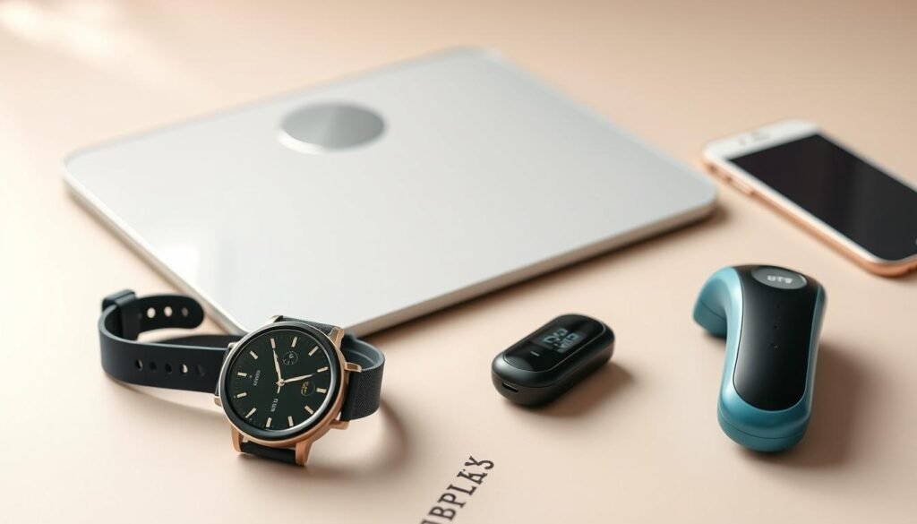 A sleek and minimalist arrangement of state-of-the-art health and wellness tech devices rests on a neutral-toned background. In the foreground, a smartwatch and a fitness tracker gleam under soft, diffused lighting, their clean, modern designs showcasing the latest advancements in health monitoring and activity tracking. In the middle ground, a wireless smart scale and a digital thermometer stand out with their intuitive interfaces and compact, streamlined forms. The background subtly features a smartphone and a pair of wireless earbuds, hinting at the seamless integration of these devices with comprehensive health and wellness ecosystems. The overall scene exudes a sense of simplicity, sophistication, and a passion for using technology to enhance personal wellbeing. A sleek and minimalist arrangement of state-of-the-art health and wellness tech devices rests on a neutral-toned background. In the foreground, a smartwatch and a fitness tracker gleam under soft, diffused lighting, their clean, modern designs showcasing the latest advancements in health monitoring and activity tracking. In the middle ground, a wireless smart scale and a digital thermometer stand out with their intuitive interfaces and compact, streamlined forms. The background subtly features a smartphone and a pair of wireless earbuds, hinting at the seamless integration of these devices with comprehensive health and wellness ecosystems. The overall scene exudes a sense of simplicity, sophistication, and a passion for using technology to enhance personal wellbeing.
