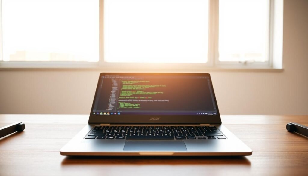 A sleek and modern Acer Swift X 14 laptop resting on a minimalist wood and metal desk. The laptop is positioned in the foreground, its brushed aluminum chassis gleaming under a soft, diffused lighting. The display is open, revealing a clean, uncluttered workspace with a keyboard and touchpad ready for coding and programming. In the background, a large window allows natural light to filter in, creating a warm, productive atmosphere. The overall scene conveys a sense of portability, power, and efficiency - the perfect companion for a student's programming journey.