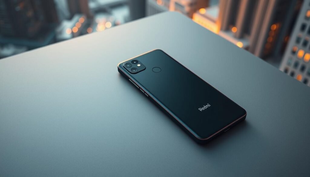 A sleek and modern Redmi Note 14 Pro 4G smartphone rests on a minimalist gray surface, bathed in warm, soft lighting. The device's matte black chassis and subtle branding catch the eye, while its quad-camera array and side-mounted fingerprint sensor are highlighted in crisp detail. In the background, a blurred cityscape creates a sense of urban sophistication, complementing the phone's reliable, everyday performance. The overall composition conveys a balance of style, functionality, and practicality, embodying the essence of the "Redmi Note 14 Pro 4G: Reliable Performance for Everyday Use" section.